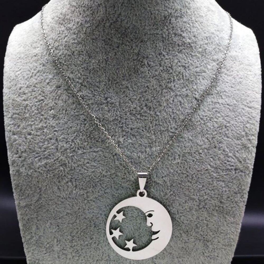 Moon Face and Stars Stainless Steel Necklace